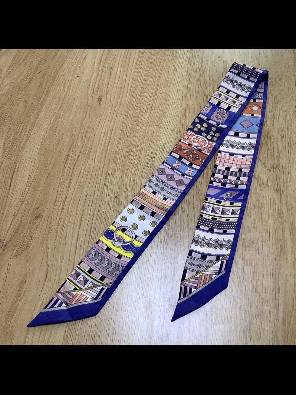 Silk Patterned Twilly Scarf in Blue and Multi